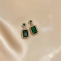 Vintage emerald green rectangle drop earrings with gold finish and white crystals - Emerald Green Stud Earrings (Gold)