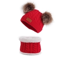 Detail of red cable knit winter hat and neck warmer set with soft white fleece lining - One Size / Red Zirconia Set