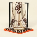 Leopard print satin square scarf with golden chains and orange borders on a frame - 90x90cm / Beige with Orange Border