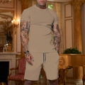 Men's summer casual street style T-shirt and shorts set in khaki color finish - Khaki