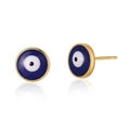 Macro detail showing 18K gold plated brass evil eye earrings with colorful enamel inlay - Blue Round Evil Eye (KE0726-4)