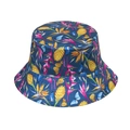Dunkelblauer Sonnenhut mit tropischem Blumen- und Schmetterlingsdruck in Vorderansicht - 58cm / Marineblau Tropisch Floral & Schmetterling (A)