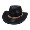 Black wool felt cowboy hat with pentagram patterns and gold chain stone decoration - One Size (M Peach Star) / Black (Crushed Gems)
