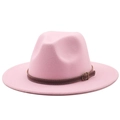Elegant pink wool fedora hat with a wide brim and decorative brown faux leather buckle belt - M (56-58cm) / Pink