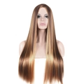 Long straight ombre wig with middle part in fashionable brown and blonde highlights - Brown Base with Golden Highlights (C841)
