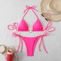 Detail of neon pink bikini with golden heart-shaped rings and side tie triangle bottom - S / Rose Red