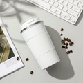 White 304 stainless steel insulated coffee mug with textured grip on a desk background - 380ml / Gen 3 with Silicone Sleeve / White