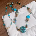 Bohemian beaded shell necklace with turquoise and gold beads on white canvas - 5# Necklace - Blue Round Bead