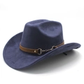 Detail of dark blue faux suede cowboy hat featuring brown leather band and gold horse-bit buckle - M(56-59CM) / Navy Blue (Suede)