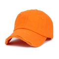 Detailed view of heavy distressing and ripped holes on an orange cotton baseball cap - Orange Red