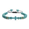 Adjustable braided rope bracelet with turquoise cross beads and gold accents on white base - Turquoise