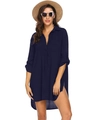 Detalle de vestido camisero de gasa azul marino con dobladillo curvo y manga larga - Azul Marino