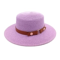 Macro detail of lavender straw boater hat with brown leather band and gold buckle - M (56-58cm) / Taro Purple
