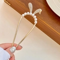 Golden bunny-ear hairpin with white faux pearls and crystals on a U-shaped metal hair fork - Rabbit Ears Hair Stick