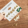 Golden geometric earring set featuring green resin wings, crystal studs and butterfly charms - E002/Mixed Set / Gold/Green
