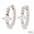 Silver twist hoop earrings with square clear zircon stone in a polished finish - Silver White Gemstone (PDE714)
