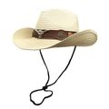 Straw western cowboy hat with brown leather band and silver bull head ornament - M(56-58cm) / Beige