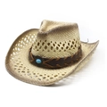 Chapeau de cow-boy rétro en paille respirante avec large bord et bande en cuir turquoise - M (56-58cm) / Marron