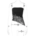 Detail view of the asymmetric black lace patchwork hem on this sexy strapless crop top - S / Black
