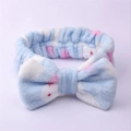 Sky blue cloud pattern coral fleece headband with soft plush bow for face washing - Blue Rabbit