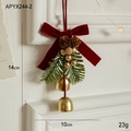 Christmas red velvet bow ornament with gold bells and pine cone, 14cm x 10cm size - Double Bells Style