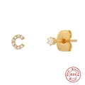 Macro detail of S925 sterling silver gold stud earrings with letter C and diamond cz - Letter C / Gold