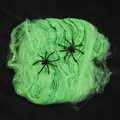 Telaraña elástica verde para Halloween con dos pequeñas arañas de plástico negras - Algodón Araña Verde 20g