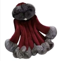 Women's dark red hooded faux fur cape coat with thick grey plush trim and wide sleeves - 6XL / Burgundy