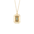 Golden tarot card pendant necklace with The Hermit design and blue circular stone - The Hermit