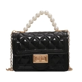 Quilted black silicone jelly bag with faux pearl handle and gold chain strap - Black