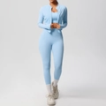 Three-piece light blue fitness set including zip-up jacket, sports bra, and yoga pants - Sky Blue