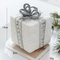 White Christmas gift box ornament with silver bow and star beads, 14cm tall foam decor - Sequin Beaded Gift Box (Style C)