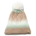 Close-up of tricolor gradient knit beanie with white faux fur pompom and cable texture - M (56-58cm) / White Cyan Tan Gradient (D)