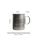 500ml vintage stainless steel camping cup with folding handle and size dimensions - Large / Silver Gray