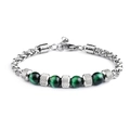 Detail of green tiger eye beads and silver mesh spacers on braided steel bracelet - 8mm Bead Diameter / Green Tiger Eye Adjustable