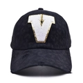 Close-up of distressed black mesh trucker hat featuring white plush V patch embroidery - Letter V Style (V-漏洞马尾棒球帽)