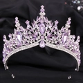 Detailed macro view of silver leaf bridal crown with purple crystals and sparkling rhinestones - Silver White & Lavender Rhinestone