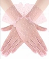 Elegant pink lace gloves with white polka dots and ruffled cuffs for bridal weddings - One Size / Pink (Pink Polka Dots)