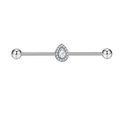 Silver industrial barbell earring featuring a teardrop-shaped cubic zirconia centerpiece - Water Drop