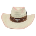 Straw cowboy hat with bull head ornament and pink gradient brim for outdoor sun protection - Cream
