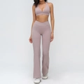 Two-piece mauve yoga set with halter sports bra and crossover high-waisted flare pants - S / Sports Bra & Flared Pants (Top And Bottom) / Smoky Purple