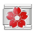 Silver Italian charm link with red and white enamel flower for DIY modular bracelets - Red Flower Style (C1153)