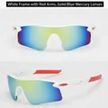 Outdoor sports cycling glasses with white frame, red temples and gold mirrored lens - Solid White Red Temples (Gold Mirror)