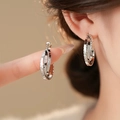 Polished silver double-layered hoop earrings with unique hammered texture and wave design - Silver Hammered Double Hoop
