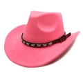 Detailed texture of hot pink suede cowboy hat with stitched faux leather decorative band - M (56-58cm) / Fluorescent Pink