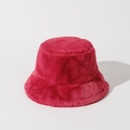 Close-up of fluffy rose red plush texture on the stylish winter fisherman hat - Rose Red