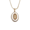 Gold plated portrait necklace featuring an oval Virgin Mary pendant with clear crystals - Gold