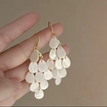 Detail of elegant gold earrings with white teardrop shell tassel dangling layers - 22# Ear Hook - White (Multi-layer Mother of Pearl Drop Tassel)