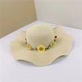 Straw sun hat with wide wavy brim and colorful sunflower floral band for summer - Adult M / Beige