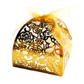 Laser-cut floral wedding favor box in gold with an elegant organza ribbon bow - Reflective Gold